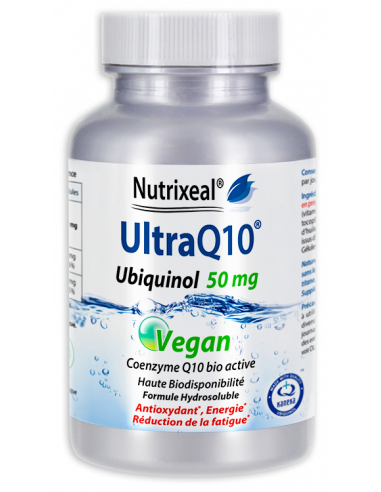 UltraQ10 Ubiquinol 100 mg par capsules molles (softgels) : contient de l'ubiquinol hydrosoluble, forme biologiquement active.
