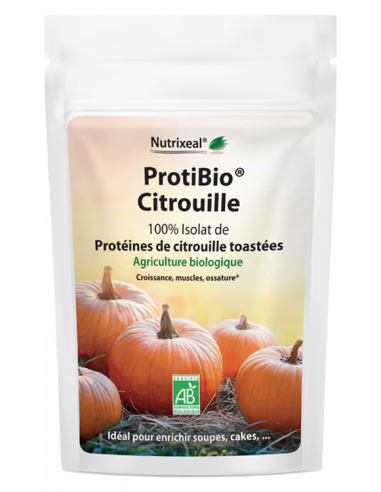 ProtiBio Citrouille Nutrixeal : protéines de citrouille, 65% de protéines, dont 16% de BCAA , profil complet d'acides aminés.