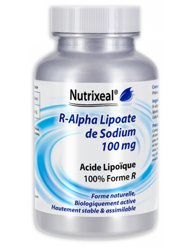 Acide R-alpha lipoïque (R-alpha lipoate de sodium) sous sa forme la plus pure et la plus stable. 300 mg - Nutrixeal