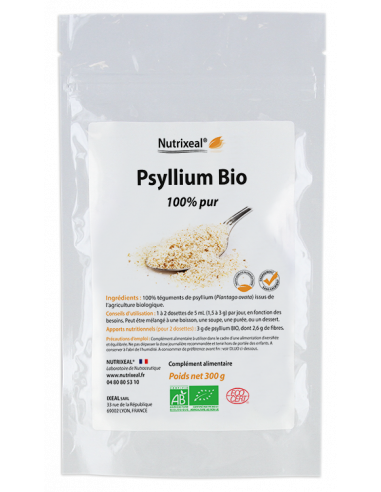 Nutrixeal : psyllium blond en gélules végétales, sans excipient : 600 mg par gélule.