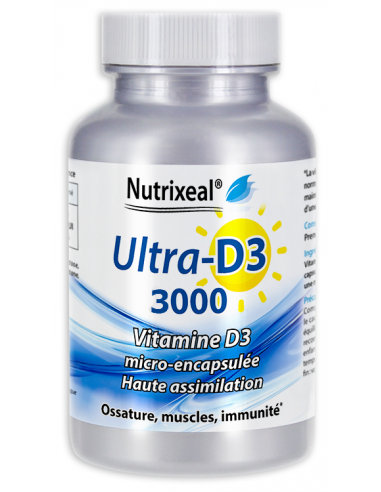 UltraD3 2000 Nutrixeal : vitamine D3 naturelle, 2000 UI soit 50 µg par comprimé, soit 1000% des AR en vitamine D.