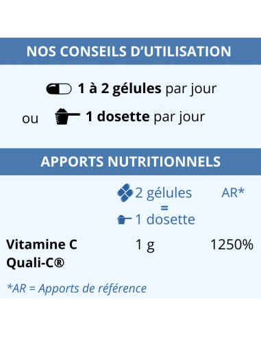 Conseils d’utilisation et apports nutritionnels de Vitamine C Quali-C® : acide L-ascorbique 100% pur