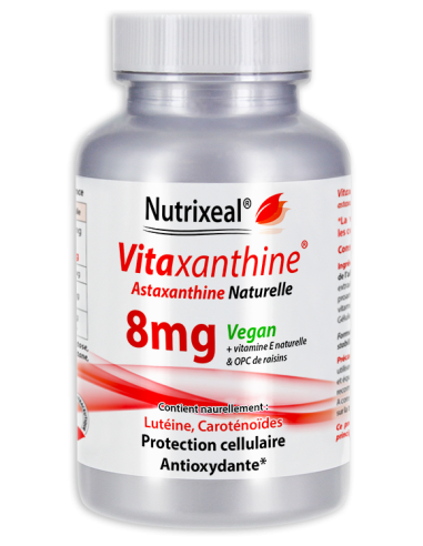 Vitaxanthine 8 mg Nutrixeal : astaxanthine végétale 8 mg par gélule seche.