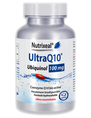 UltraQ10 Ubiquinol 100 mg par capsules molles (softgels) : contient de l'ubiquinol hydrosoluble, forme biologiquement active.