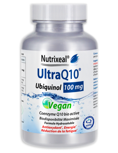 UltraQ10 Vegan Ubiquinol 100 mg Nutrixeal : contient de l'ubiquinol hydrosoluble, forme biologiquement active, formule vegan.