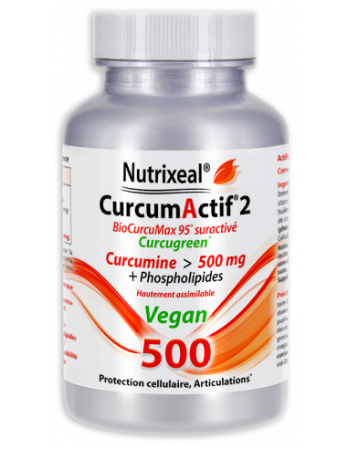 CurcumActif 2 en formule Vegan (gélules végétales) : 500 mg de curcumine par gélule végétale.