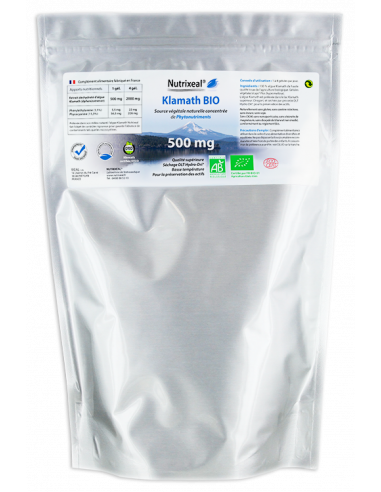 Klamath BIO garantie sans microcystine, mise en gélules en France, sans excipient. Séchage haute qualité HydroDri (DLT).