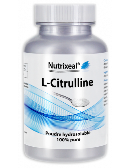 L-Citrulline en poudre 100% pure, sans excipient. Origine biofermentation. Laboratoire français Nutrixeal.