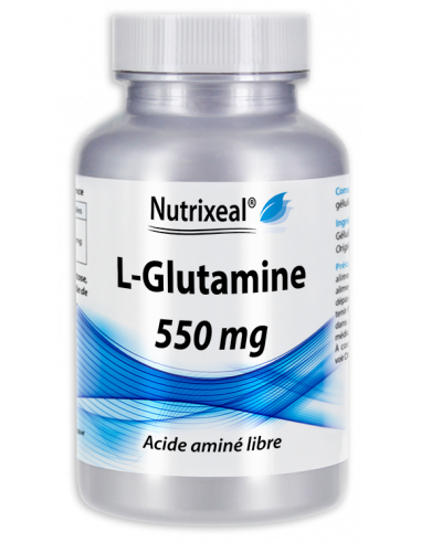 L-glutamine 550 mg par gélule, sans aucun excipient, Laboratoire français Nutrixeal.