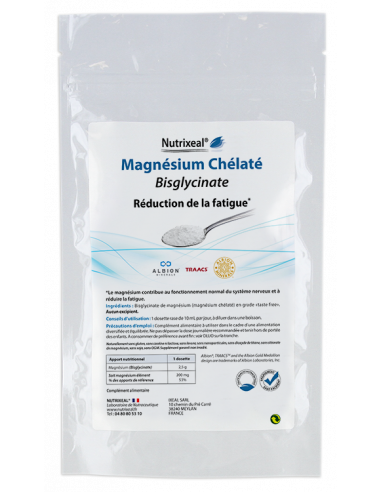 Magnesium bisglycinate hautement biodisponible et très bien toléré au plan intestinal, en poudre.