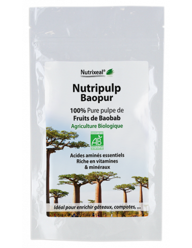 Nutripulp Baopur Nutrixeal : pulpe de Baobab BIO en poudre, hautement nutritive, pour enfants et adultes.