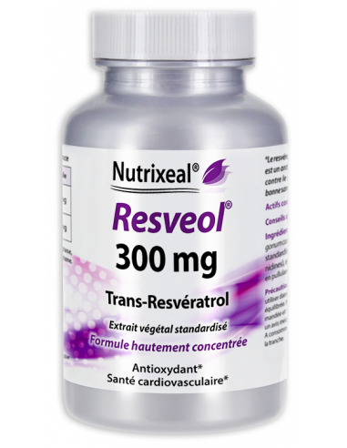 Resveol 300 mg Nutrixeal : extrait de Polygonum cuspidatum standardisé, 300 mg de trans-resvératrol par gélule végétale.