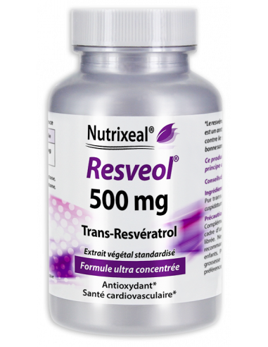 Resveol 100 mg Nutrixeal : extrait de Polygonum cuspidatum standardisé, 100 mg de trans-resvératrol par comprimé.