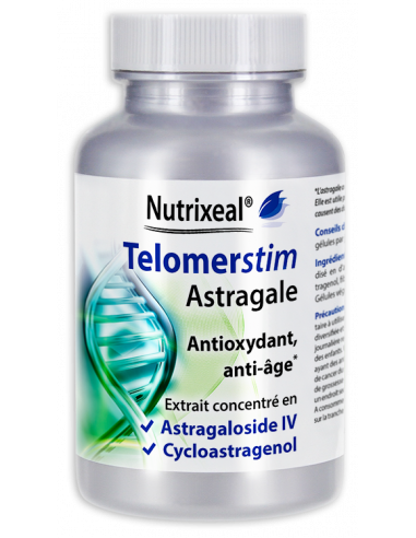 Telomerstim Nutrixeal : extrait d'astragale concentré en cycloastragenol et astragaloside IV, 400 mg pour 2 gélules végétales.