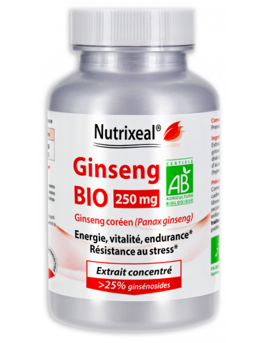 Nutrixeal : Ginseng rouge coréen BIO standardisé à 25% de ginsénosides, 250 mg par gélule.