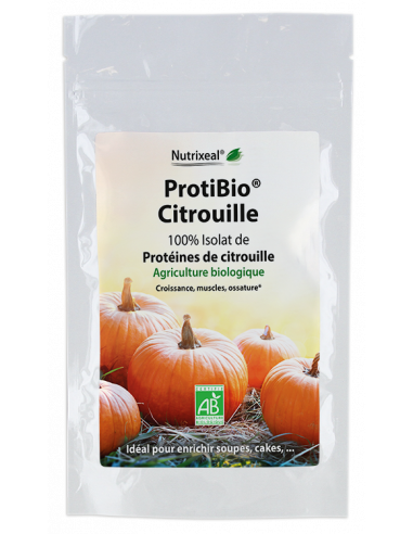 ProtiBio Citrouille Nutrixeal : protéines de citrouille, 65% de protéines, dont 16% de BCAA , profil complet d'acides aminés.