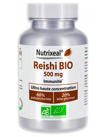 Nutrixeal : reishi très concentré 60% de polysaccharides et 20% de bêta-glucanes, 500 mg par gélule végétale.