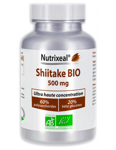 Shiitake BIO Nutrixeal : 500 mg, ultra concentré, standardisé à 60% de polysaccharides et 20% de bêta-glucanes.