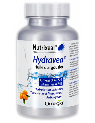 Hydravea : huile d'argousier végétale qualité Omegia. Hydratation peau et muqueuses.