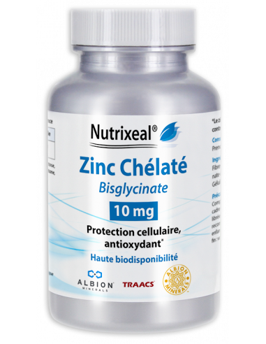 Nutrixeal : zinc chélaté (bisglycinate de zinc), haute biodisponibilité, 15 mg de zinc élémentaire par gélule.