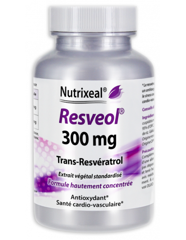 Resveol 100 mg Nutrixeal : extrait de Polygonum cuspidatum standardisé, 100 mg de trans-resvératrol par comprimé.